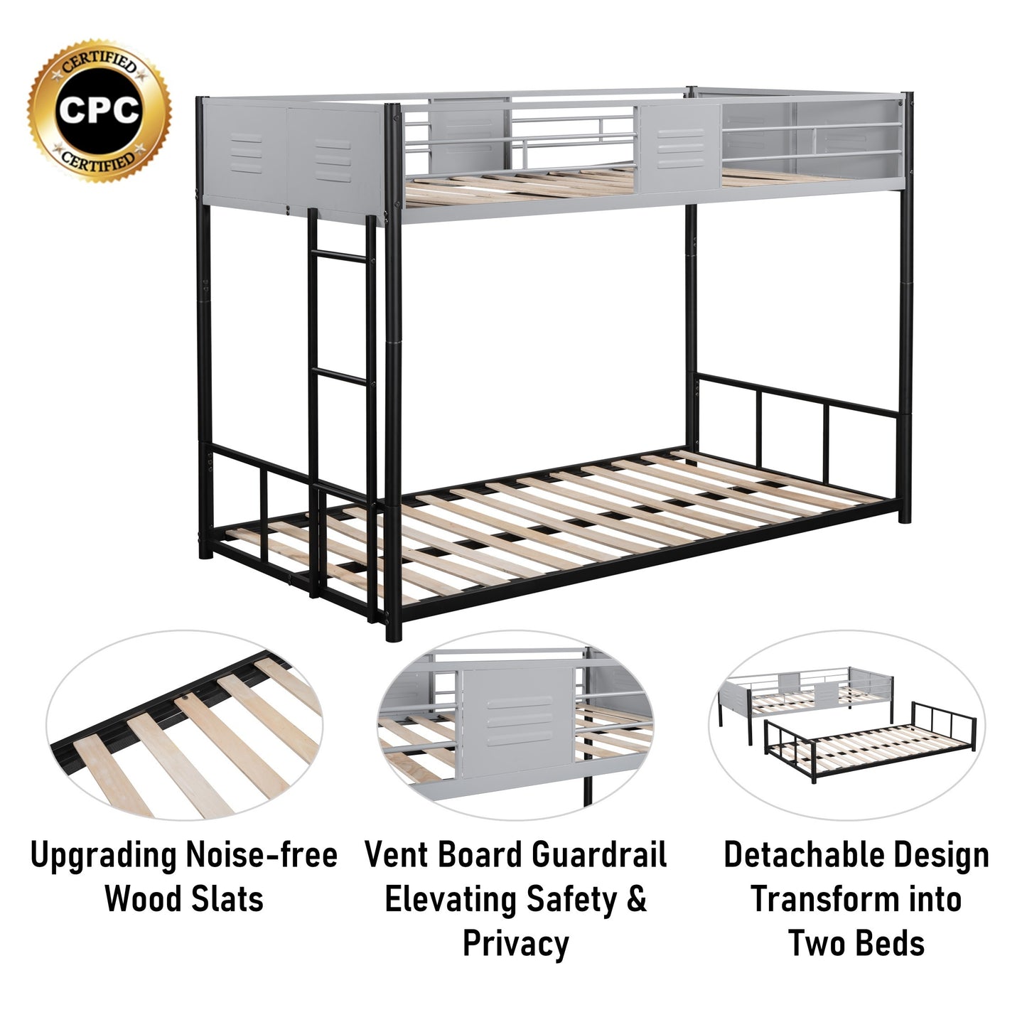 Sturdy Metal Twin Over Twin Bunk Bed with Safety Guardrail and Noise-Reduced Design