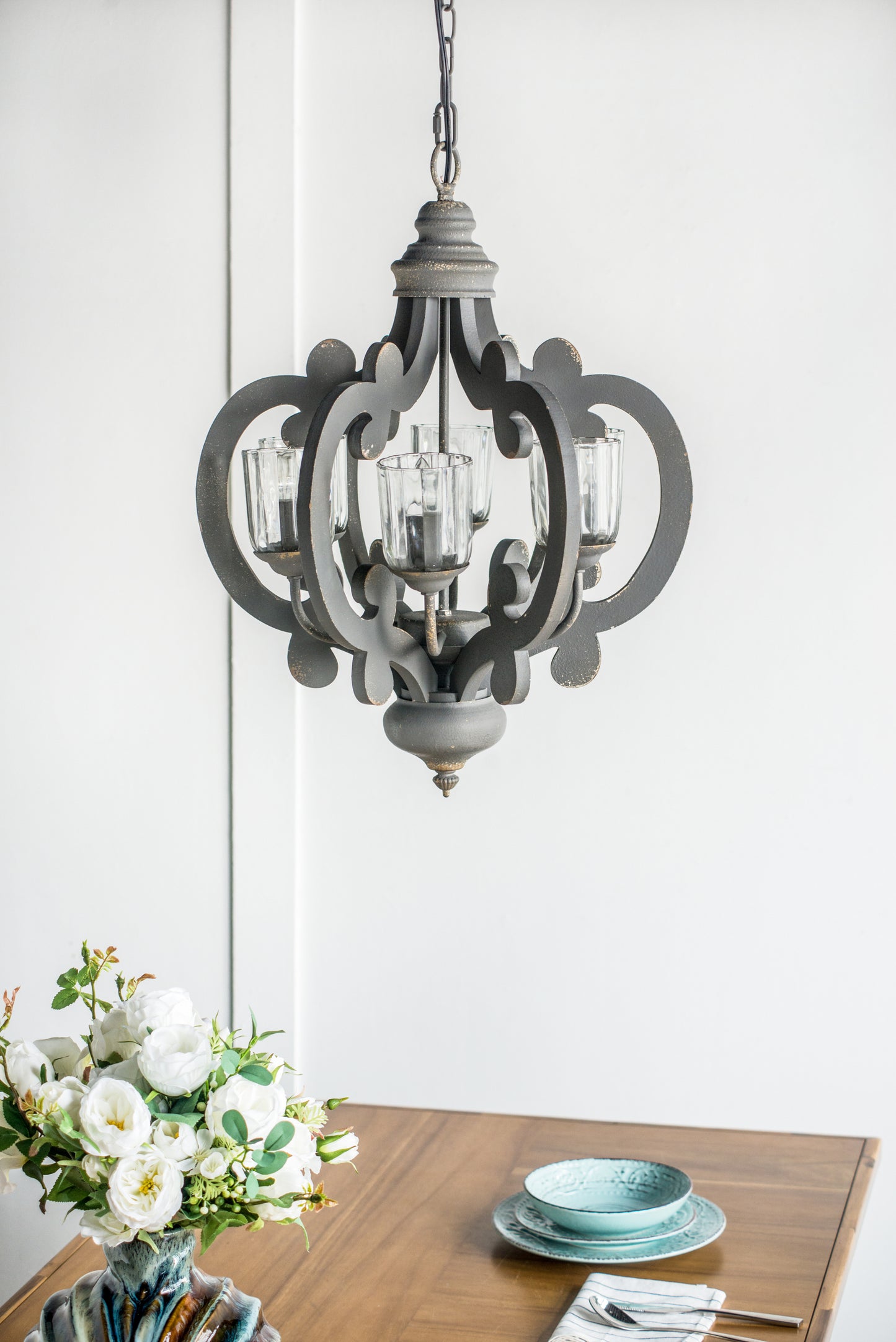 Farmhouse 6-Light Wood Chandelier Pendant with Adjustable Chain - Dining Room, Living Room, 60W E12 Gray