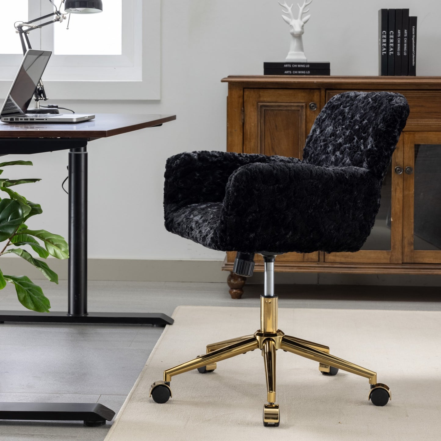 Elegant Black Upholstered Office Chair with Golden Metal Base, Adjustable Swivel Design, Ideal for Home and Vanity Use