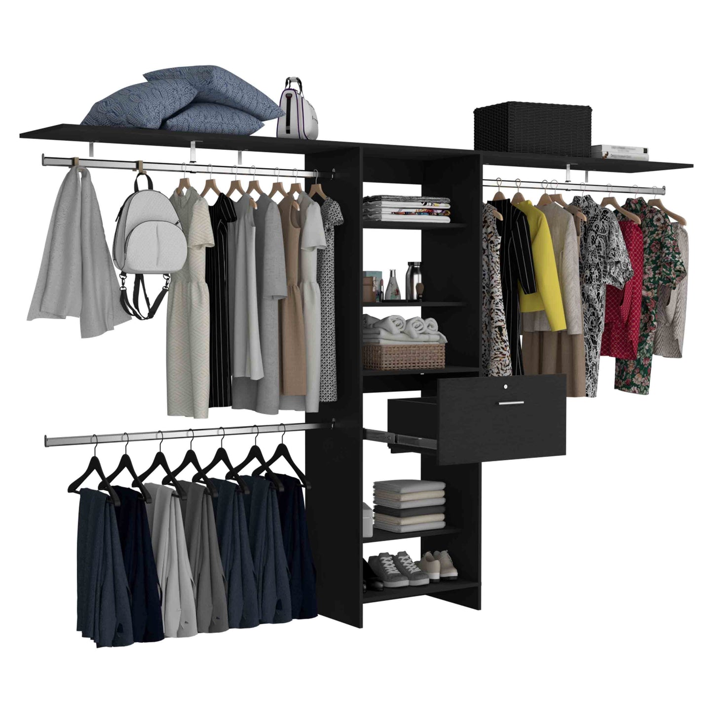 Plego Adjustable Black Closet System with Drawers, Hanging Rods, and Shelves - 70"W to 118"W