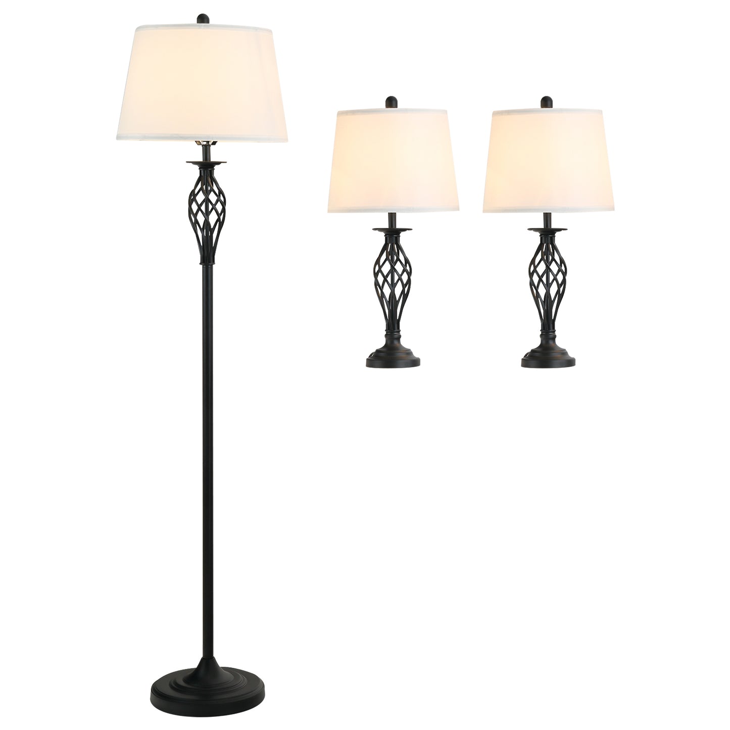 Three-Piece Floor and Table Lamp Set with Metal Poles and Fabric Shades, 62in Floor Lamp, Black/White