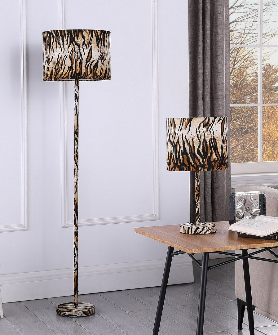 19.25-Inch Metal Table Lamp with Faux Suede Drum Shade, E26 Socket, 60W Max, LED Compatible, Tiger Print