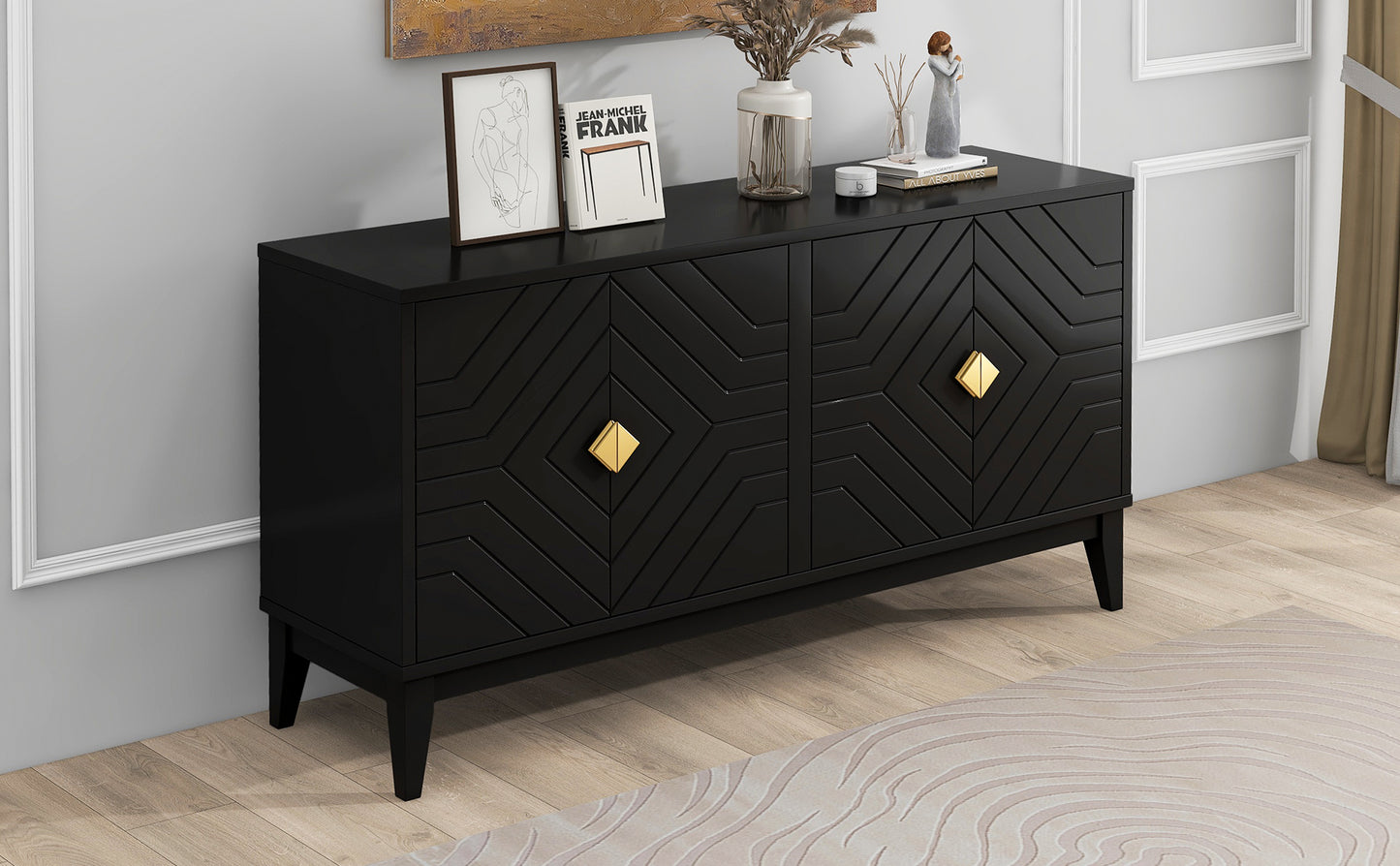 4-Door Sideboard Storage Cabinet for Living Room and Dining Room, Two Large Cabinets with Gold Handles and Adjustable Shelf, Black