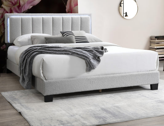 Elegant Light Gray Wool Upholstered Queen Bed with LED Channel Tufted Headboard