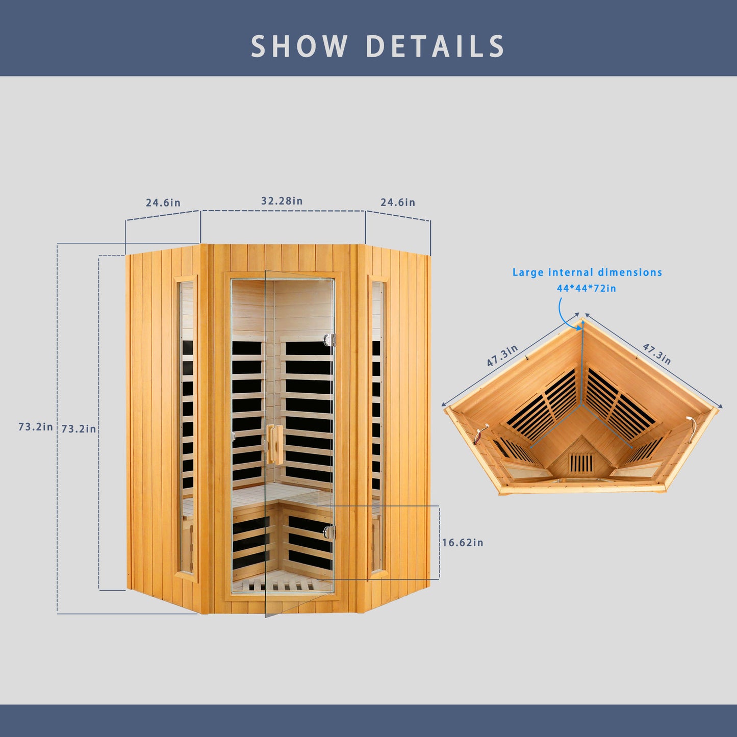 Two-Person Hemlock Indoor Far Infrared Sauna Room with Bluetooth LCD LED Lights 47x47x73 in Natural Wood
