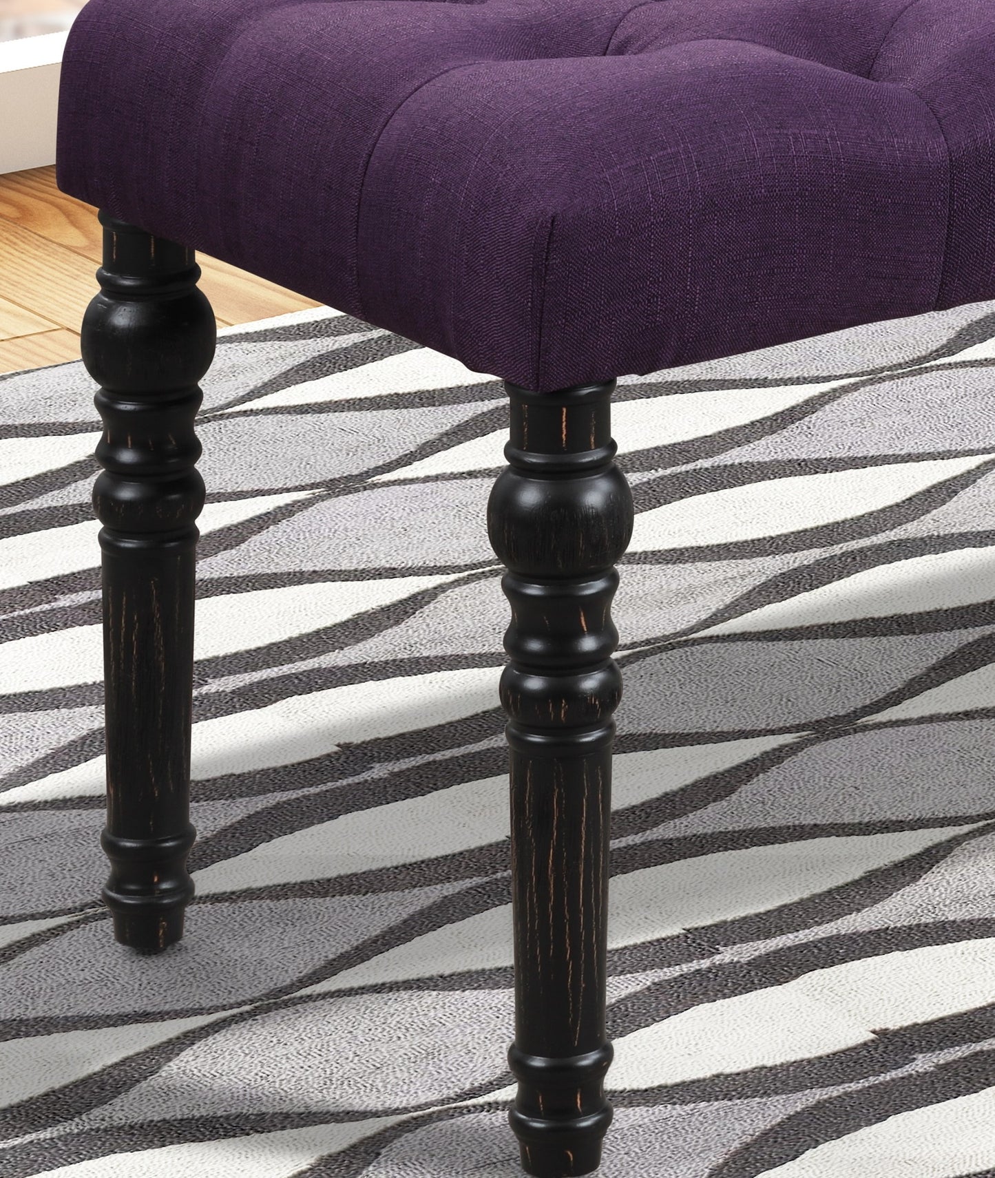 48-Inch Fabric Tufted Dining Bench with Solid Wood Turned Legs, Tufted Upholstery, Black Finish Purple