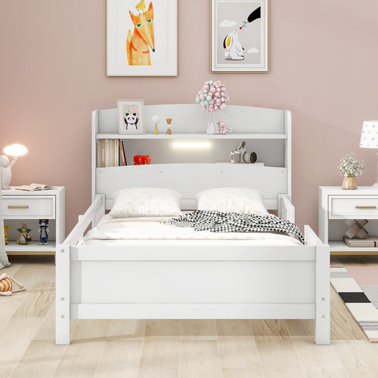 Elegant White Twin Platform Bed with LED Light, Storage Headboard, and Safety Guardrails