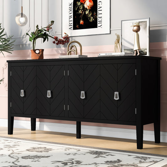 U_STYLE Four-Door Sideboard with Geometric Line Patterns and Vintage Metal Handles for Timeless Elegance,Suitable for Living Rooms, Entrance and Study Rooms