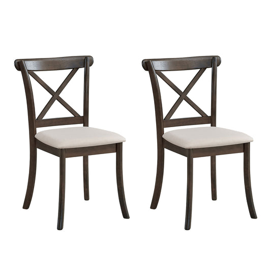 Set of 2 Cross-Back Dining Chairs, Rubber Wood Frame, Fabric Upholstery, Modern Farmhouse Kitchen Chairs Brown
