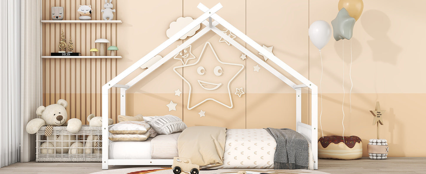 Whimsical White Full Size Metal House Bed for Kids