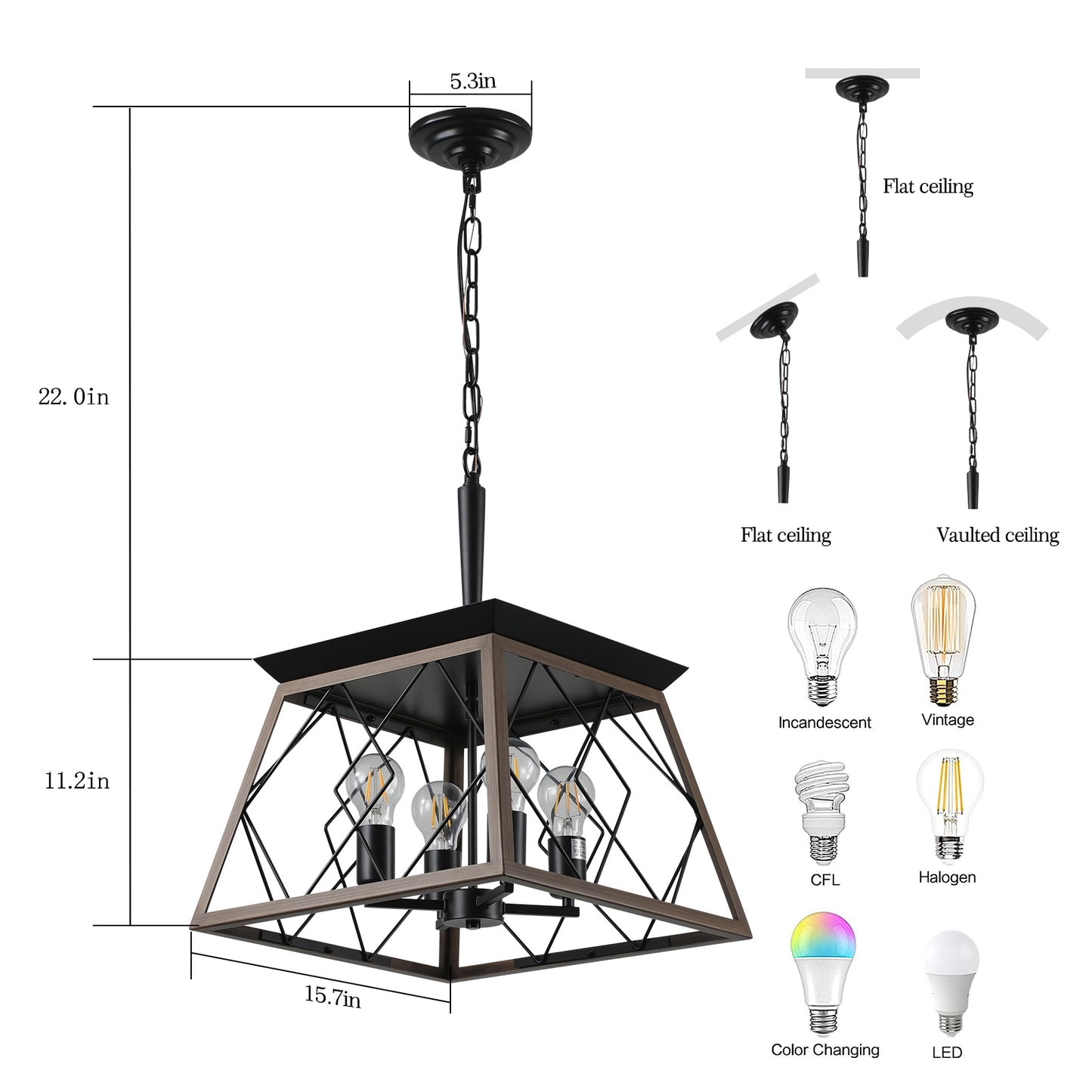 Farmhouse 4-Light Chandelier for Kitchen Island&Dining Iron Pendant with Adjustable Chain Walnut + Black
