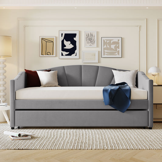 Elegant Gray Upholstered Twin Daybed Sofa with Trundle and Wooden Slats