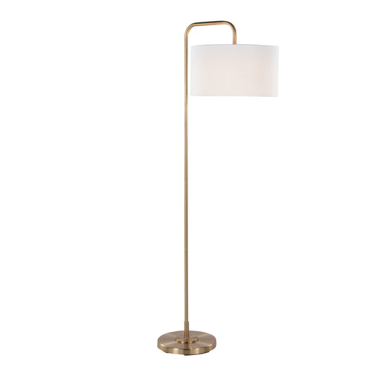 63.5-Inch Contemporary Metal Floor Lamp with Arched Base, White Linen Drum Shade, Foot Switch, Gold