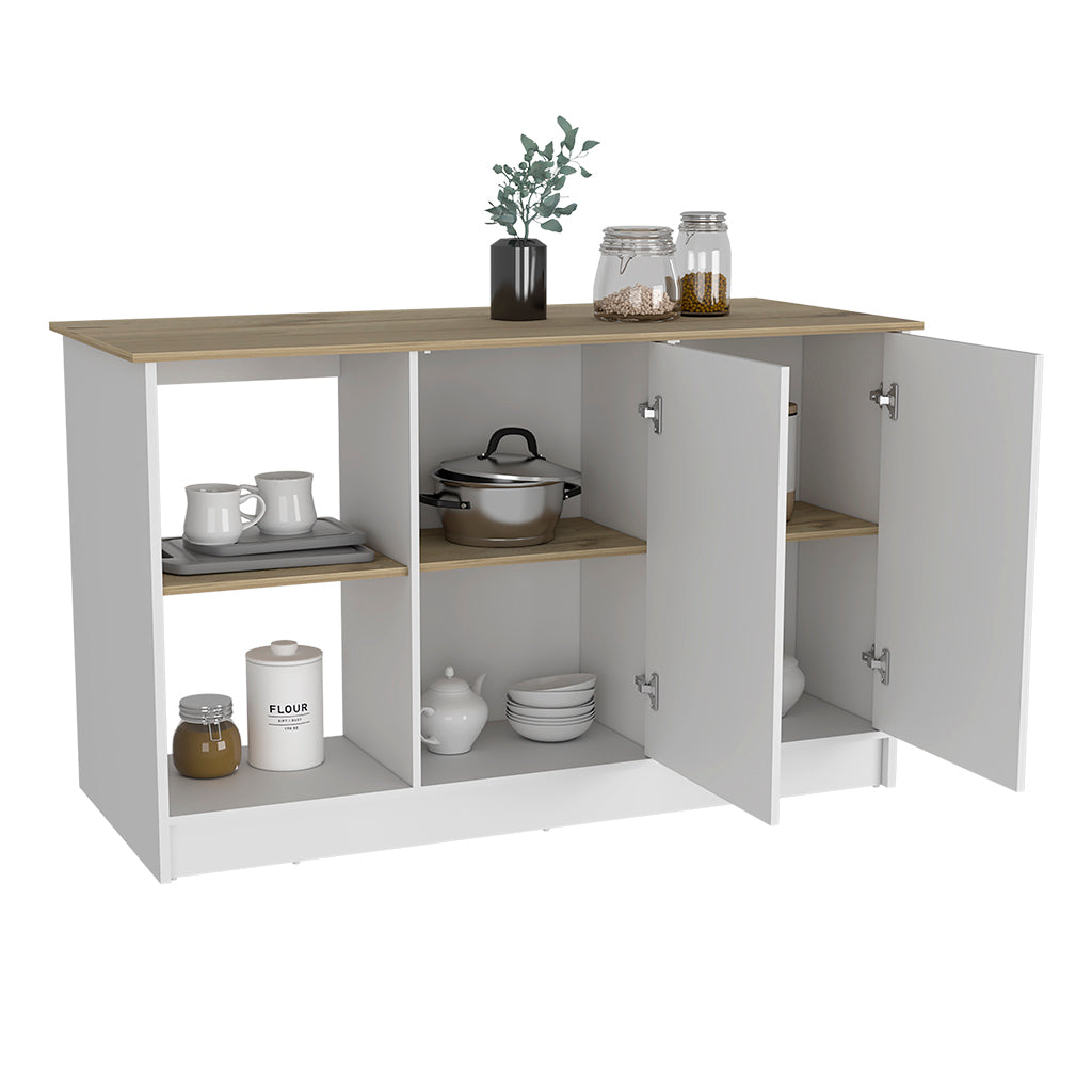 Modern Light Oak & White Kitchen Island with Open Shelves and Cabinets