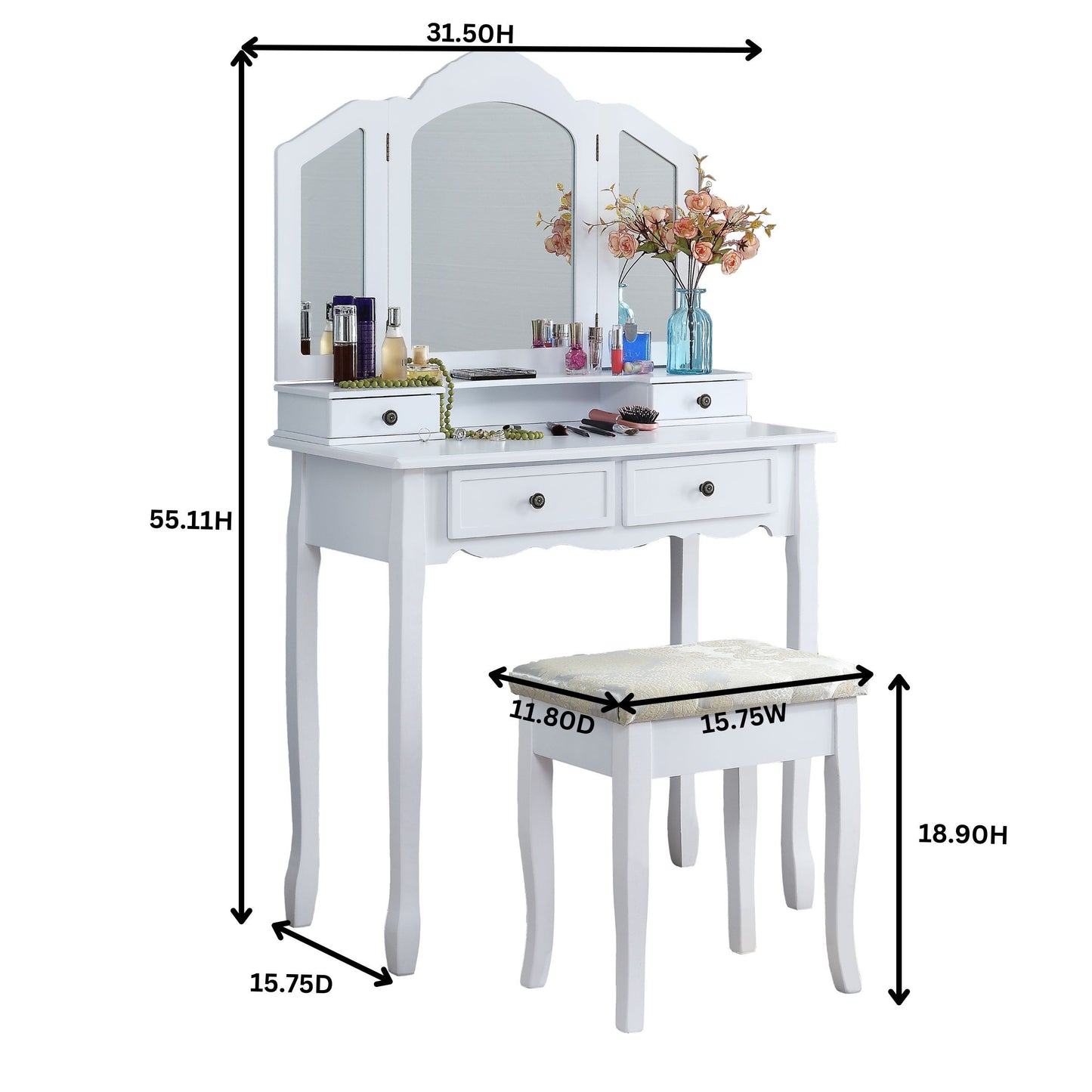 Wooden Vanity Makeup Table and Stool Set for Bedroom, Classic Dressing Table, Silver