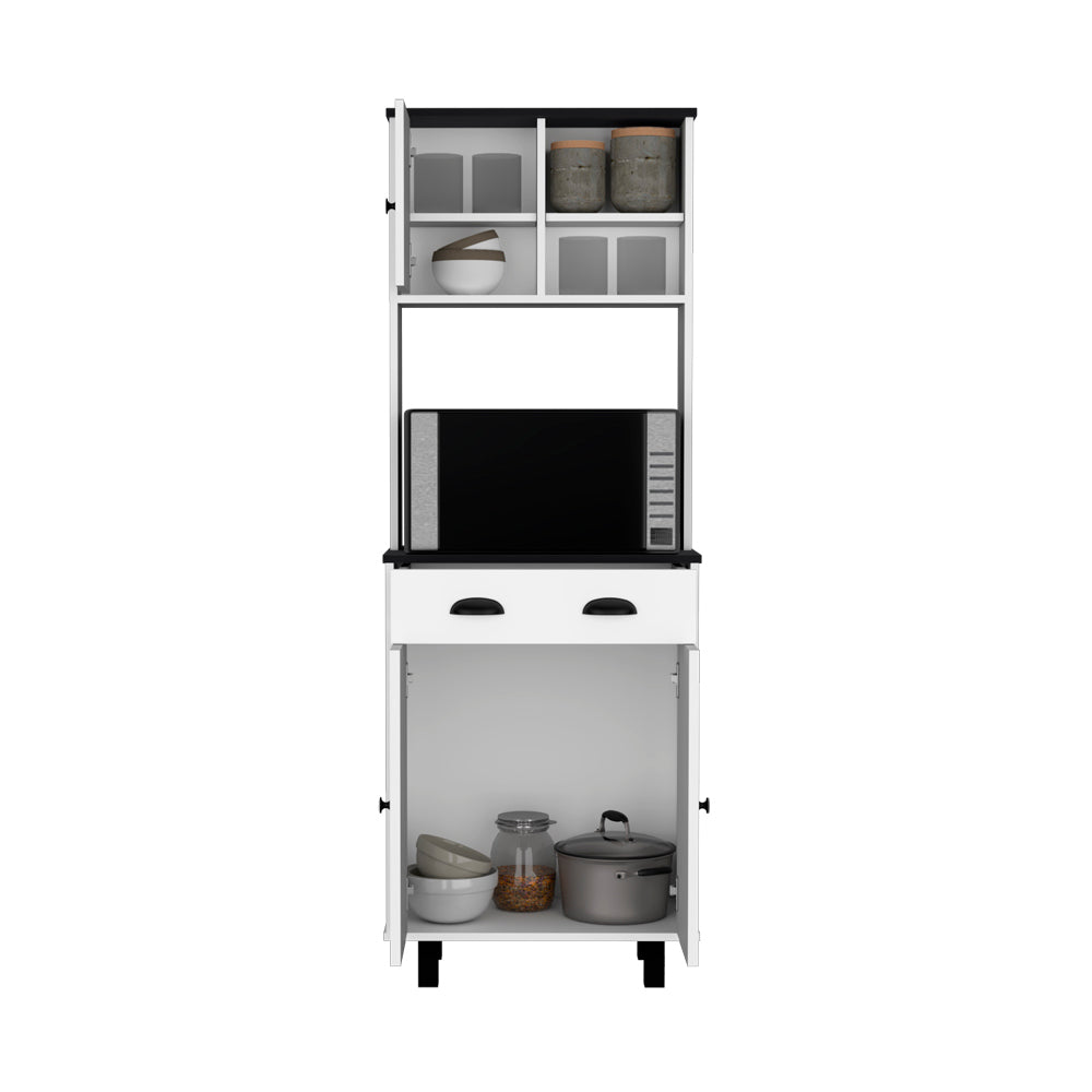 Modern Kitchen Pantry with Microwave Shelf, White & Black Design