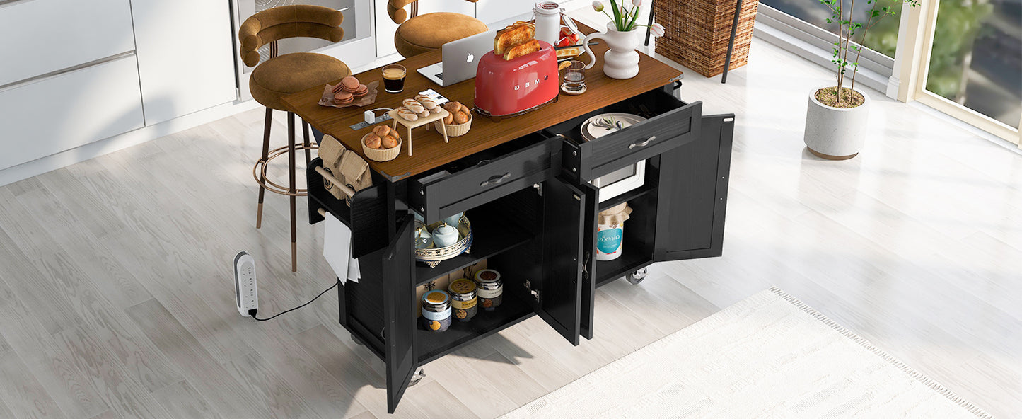 Rolling Farmhouse Kitchen Island with Power Outlet, Drop Leaf Design, Ample Storage, and Spice Rack - Black