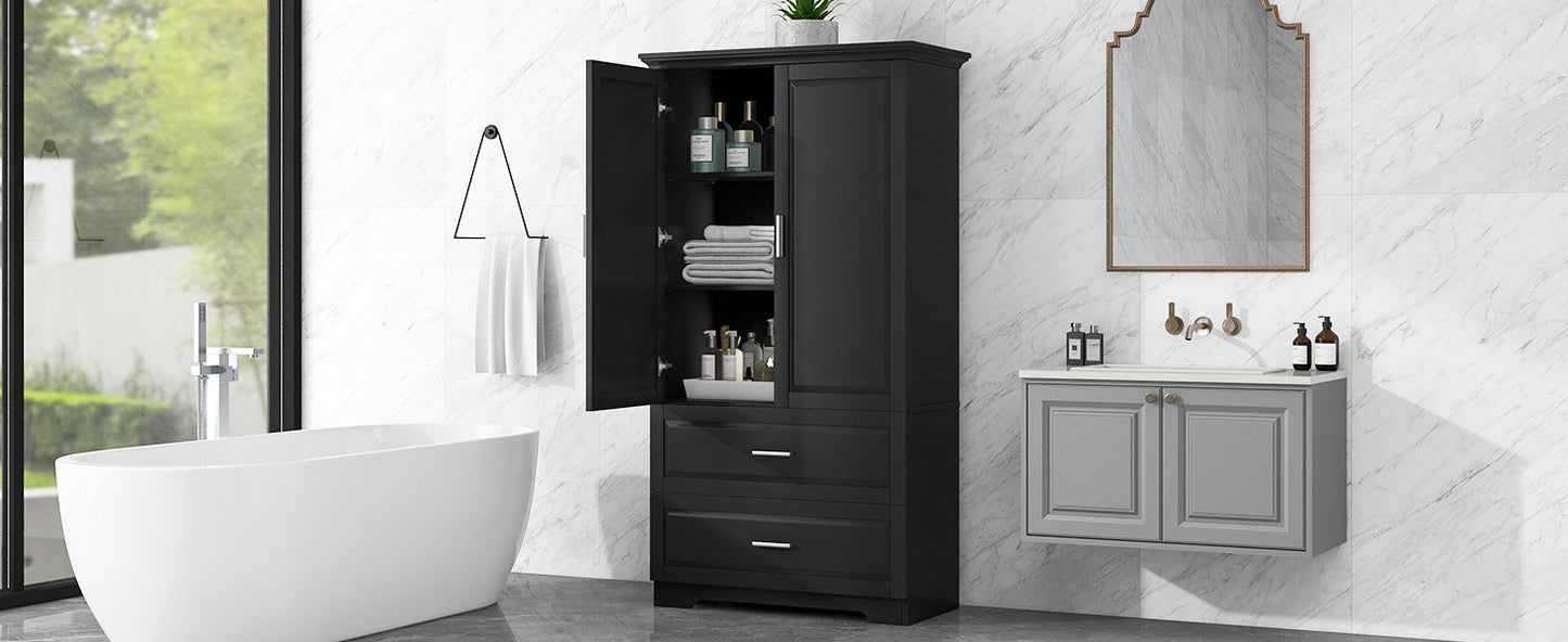 Black Tall Storage Cabinet with Adjustable Shelves, Doors, and Drawers - MDF Construction