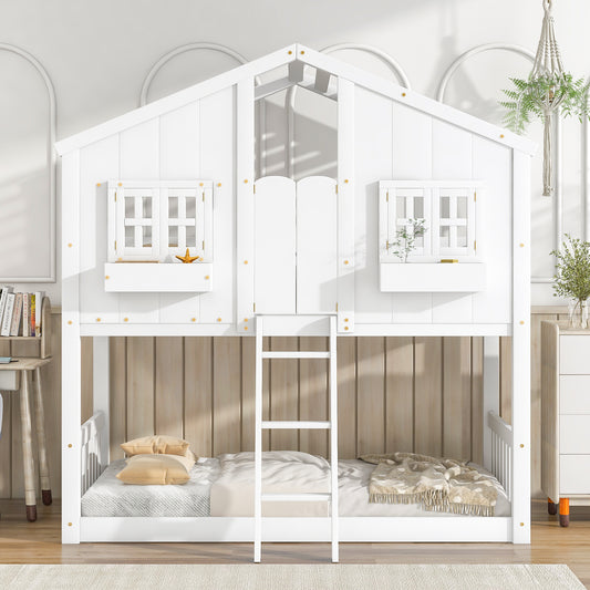 Charming Twin Over Twin House Bunk Bed with Roof and Window Features, Safety Guardrails and Ladder, White