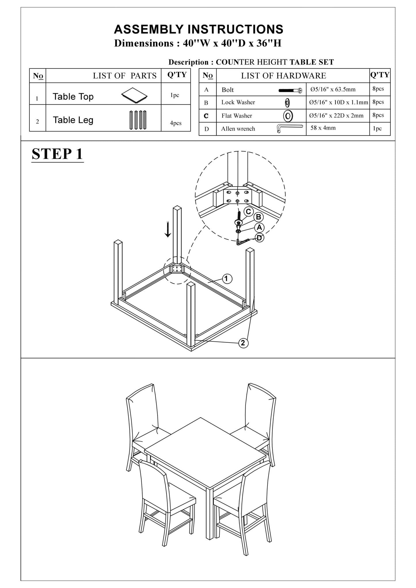 Counter Height Dining Set Faux Marble Table 4 Chairs White