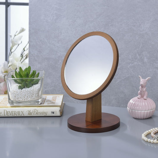 Walnut-Finished 9.5" Tall Dual-Material Makeup Mirror on Pedestal