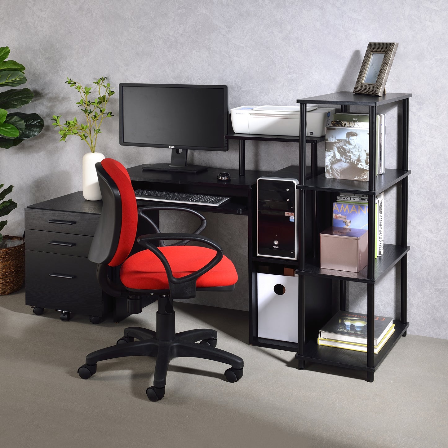 Ergonomic Black Computer Desk with Keyboard Tray and Storage Shelves