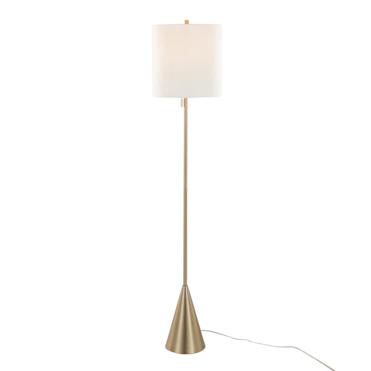 64-Inch Contemporary Cone Floor Lamp, Metal with White Linen Shade, Pull Chain, Indoor, UL Listed, Gold