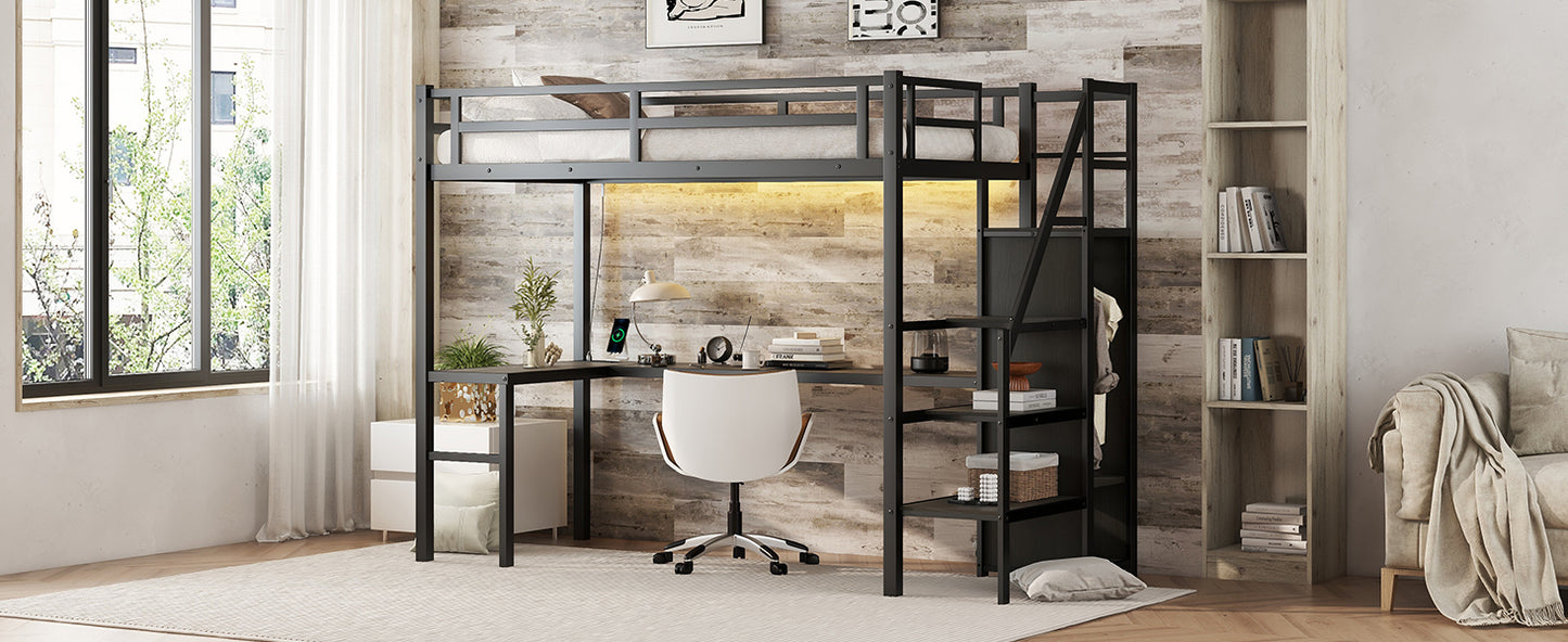 Twin XL Metal Loft Bed with L-shaped Desk, USB Charging Station, Wardrobe, and LED Lights - Stylish Space-Saving Solution for Teens and Adults in Black