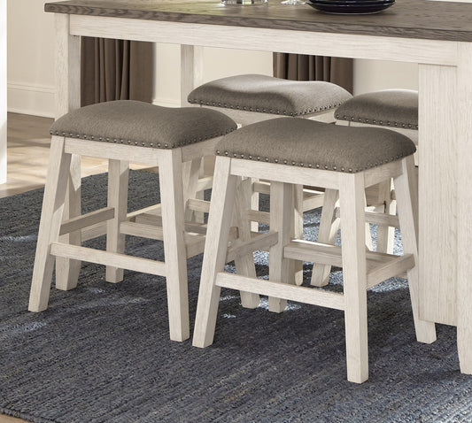 5-Piece Counter Height Dining Set: 60-Inch Wood Table and 4 Stools, Nailhead Trim Antique White Finish