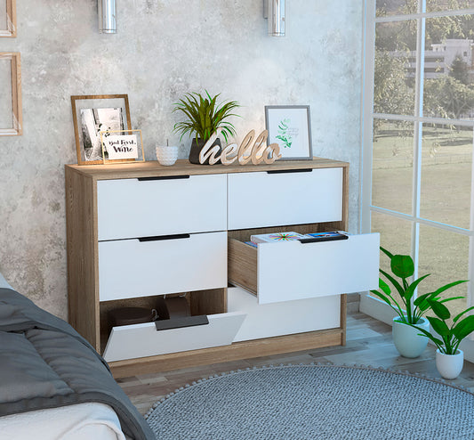 Longhill Modern Pine and White 6-Drawer Dresser