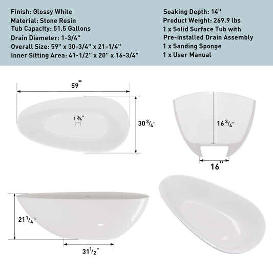 Luxury 59" Freestanding Soaking Bathtub in Glossy White - Handcrafted Solid Surface Design with Efficient Drain System