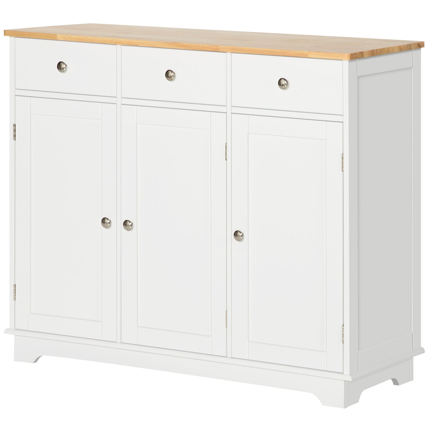 HOMCOM Sideboard with Solid Wood Countertop, Modern Kitchen Storage Cabinet, Coffee Bar Cabinet with 3 Drawers, Doors and Adjustable Shelf, White