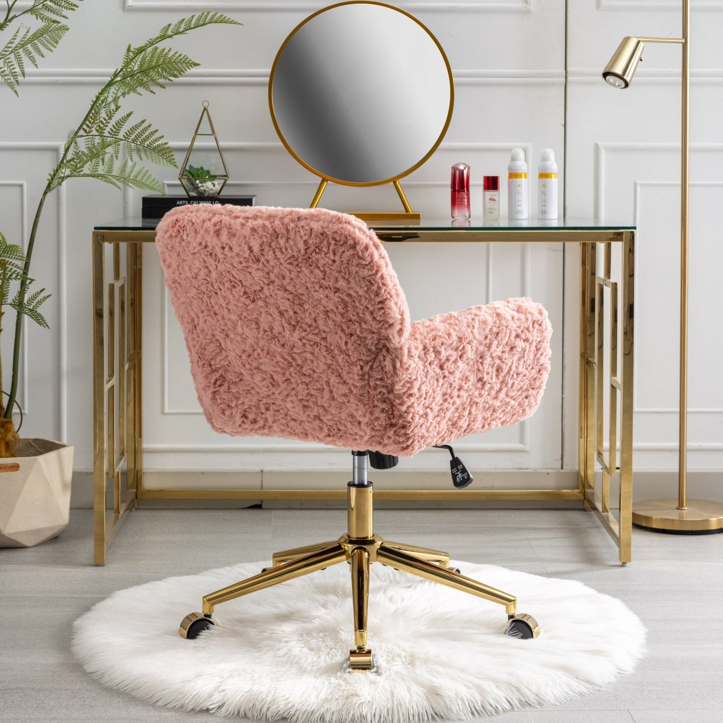 Elegant Pink Upholstered Office Chair with Golden Base - Adjustable Swivel Vanity Chair with Rabbit Fur Cushion