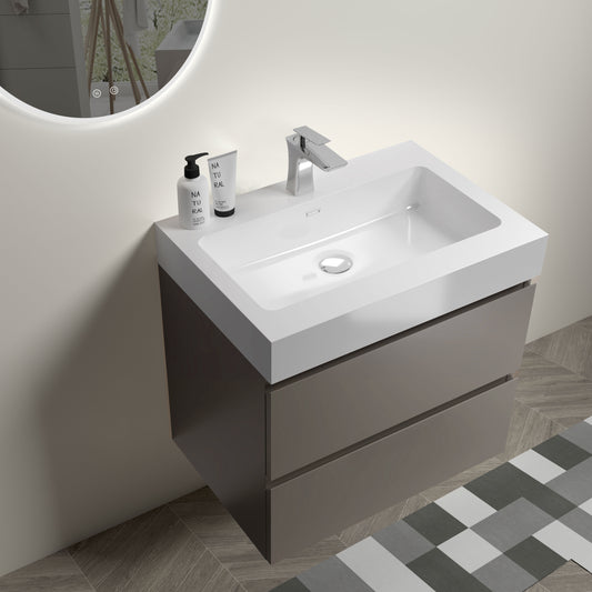 Modern 24" Gray Wall-Mounted Bathroom Vanity with Large Storage and Sleek White Sink Basin