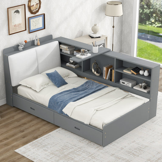 Gray Wood Twin Platform Bed with Storage Headboard, Shelves, and Dual Drawers