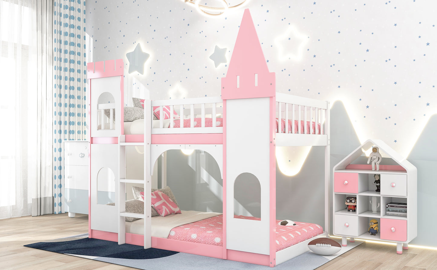 Pink Twin Castle Bunk Bed with Ladder - Enchanting Design for Kids
