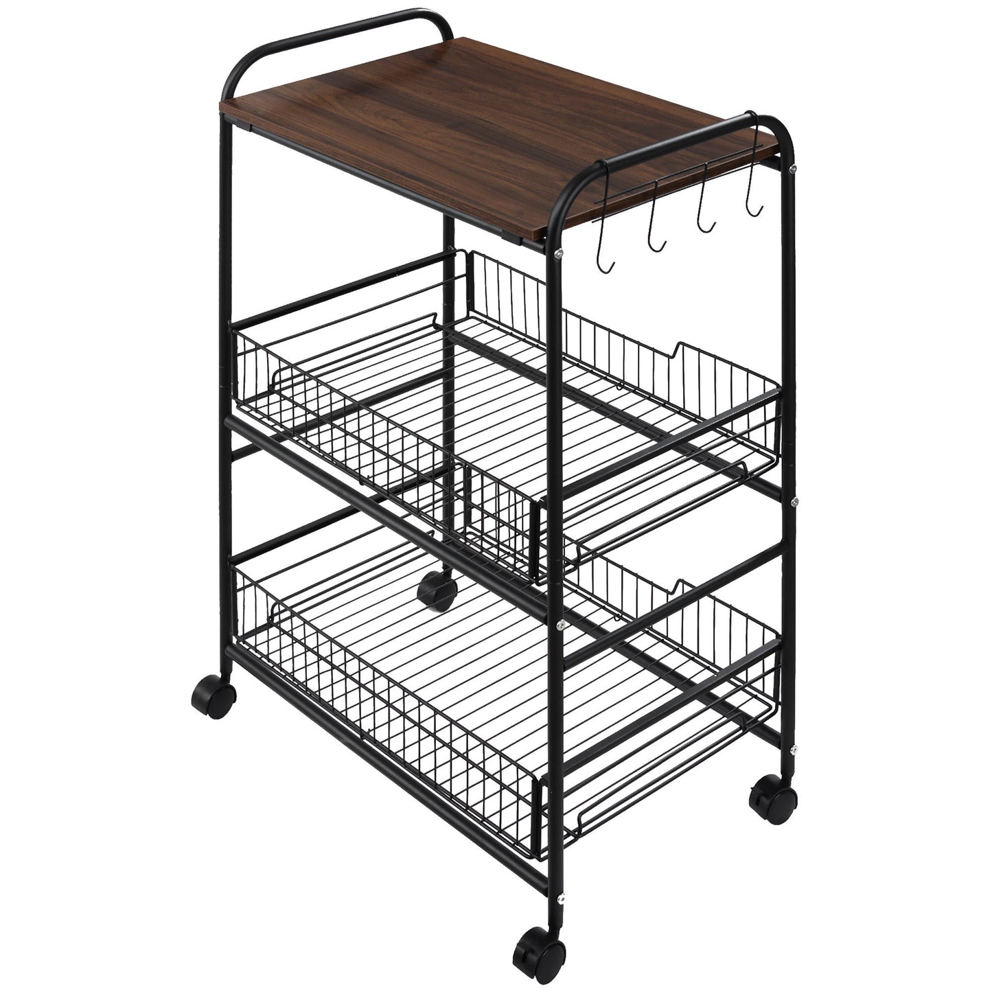 Walnut 3 Tier Rolling Kitchen Island Cart With Baskets