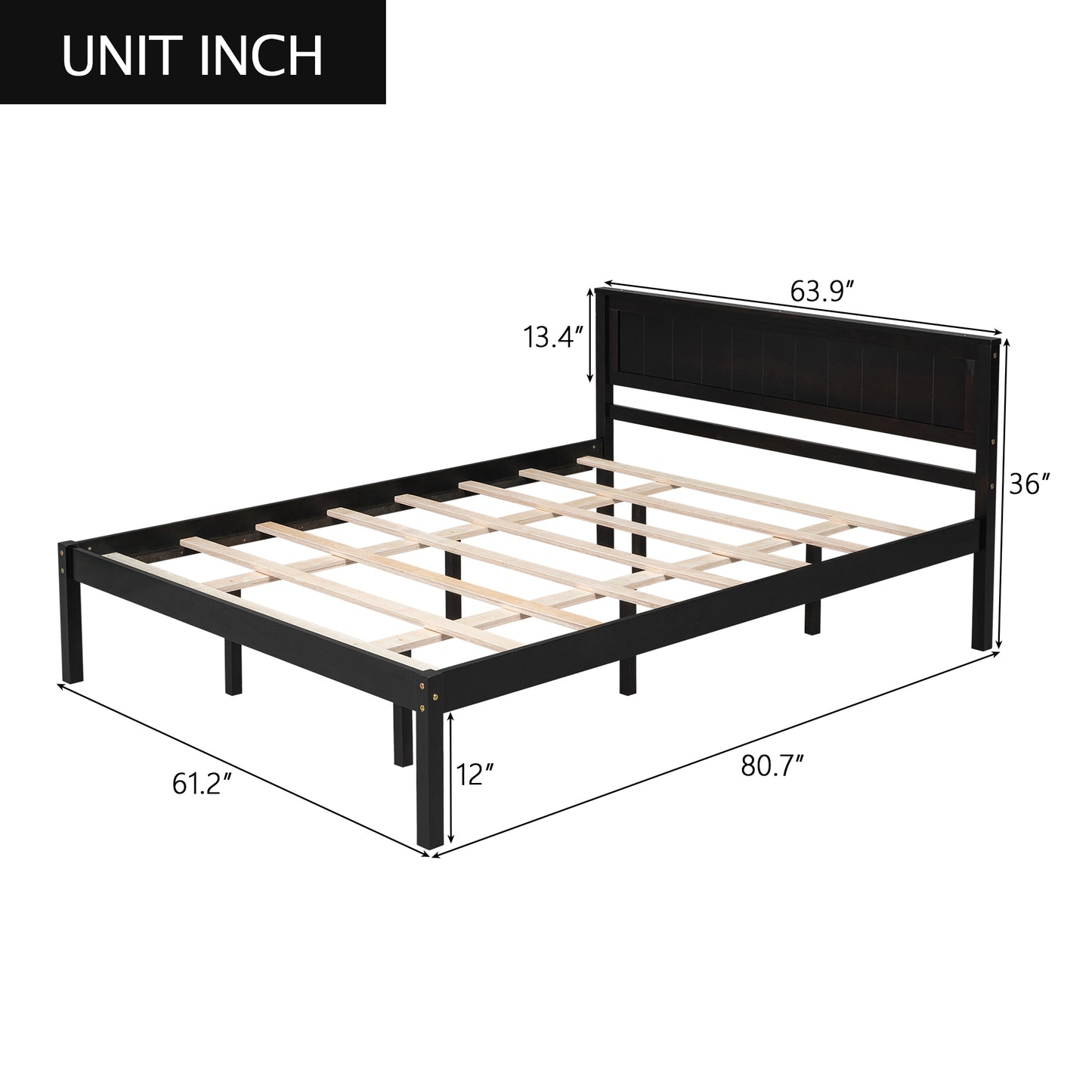 Espresso Queen Platform Bed Frame with Headboard and Wood Slat Support – No Box Spring Required