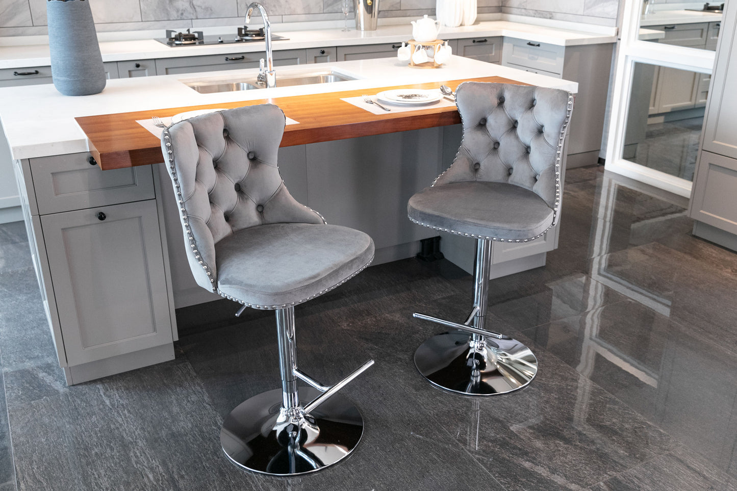 Velvet Bar Stools Swivel Adjustable 25 To 33 Gray Set 2