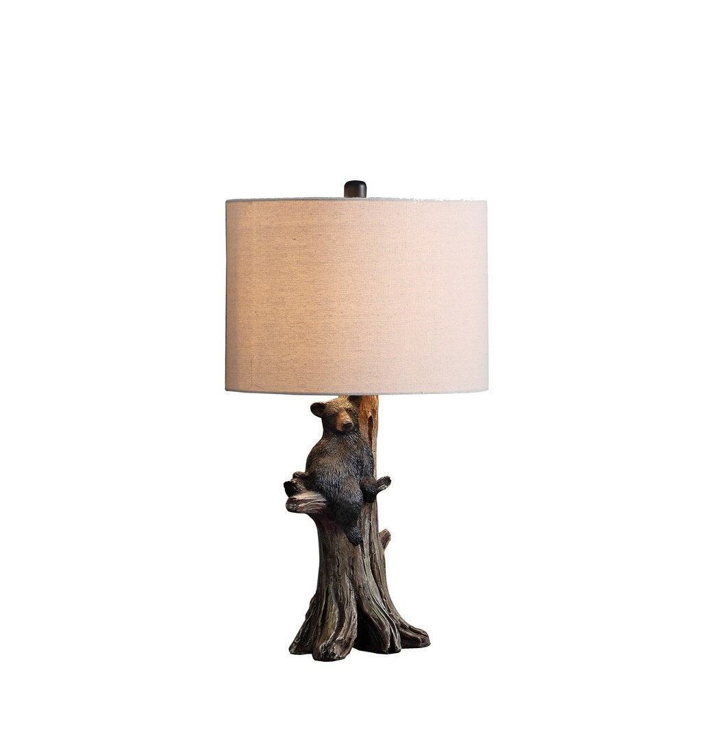 24.75-Inch Polyresin Table Lamp with Bear on Tree, Beige Cotton/Linen Drum Shade, E26 Compatible, Multicolor
