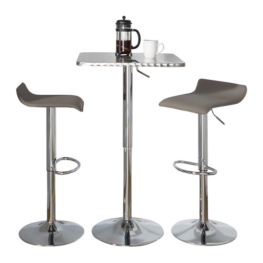 Contemporary Adjustable 3-Piece Square Bistro Bar Set with Oval Footrest, PVC Upholstery, Silver-Chrome