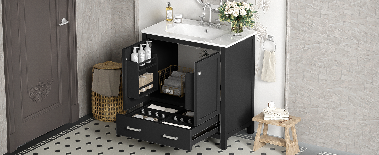 30-Inch Modern Black Bathroom Vanity with Single Sink and Soft-Close Doors, Stylish Storage Cabinet with Undermount Ceramic Basin, Durable Solid Wood Frame