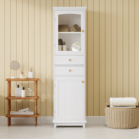 Elegant 63" Tall White Bathroom Storage Cabinet with Glass Doors, Two Drawers, Adjustable Shelves, and Anti-Tipping Design - Perfect for Organizing and Displaying Essentials