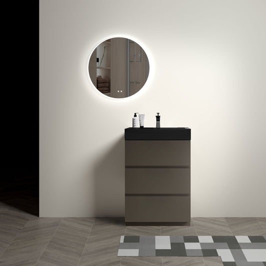 Contemporary 24" Gray Bathroom Vanity with Black Sink Basin, Stylish Freestanding Design for Modern Spaces, Pre-assembled with Ample Storage Solutions
