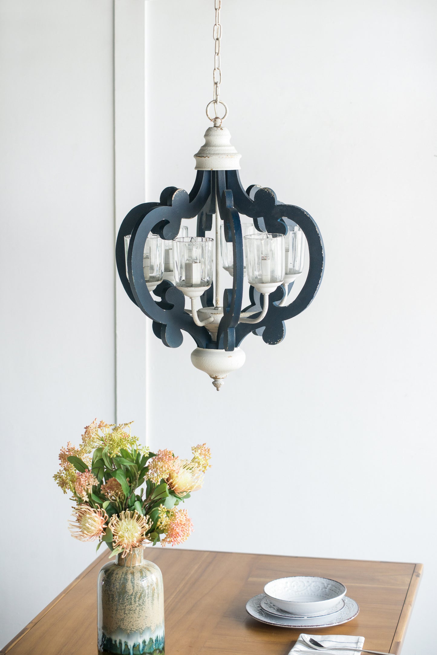 6-Light Wood Chandelier, Farmhouse Pendant for Kitchen, Living, Bulb Not Included, Navy Blue and White Finish