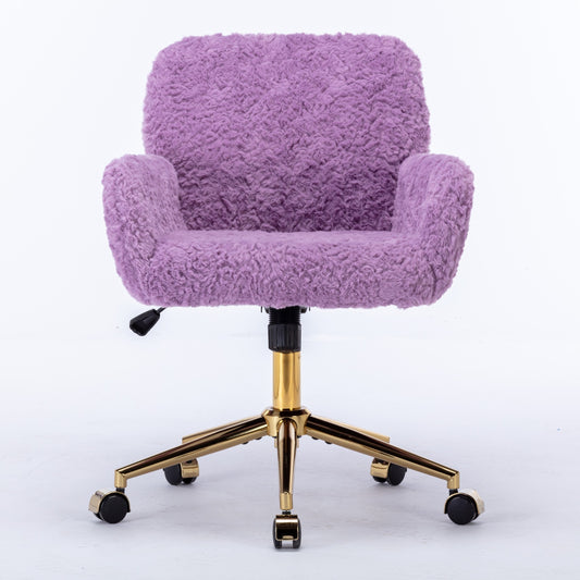 Violet Velvet Office Chair with Golden Base, Adjustable Swivel Design, Plush Artificial Alpaca Wool Upholstery, Ideal for Home and Vanity Use