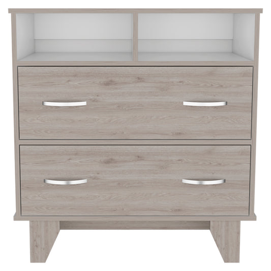 Portanova Modern Light Gray and White Dresser with Two Drawers and Open Shelves