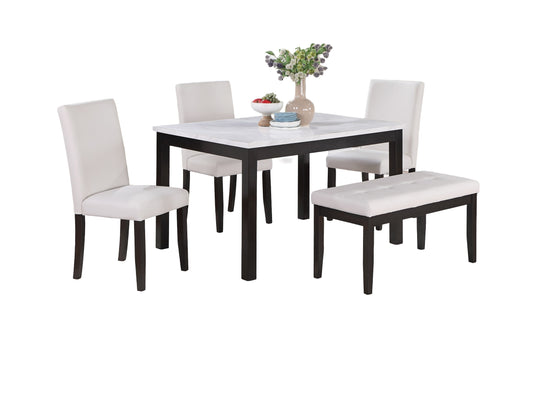 Faux Marble Top 5Pc Dining Set With Bench And Chairs White