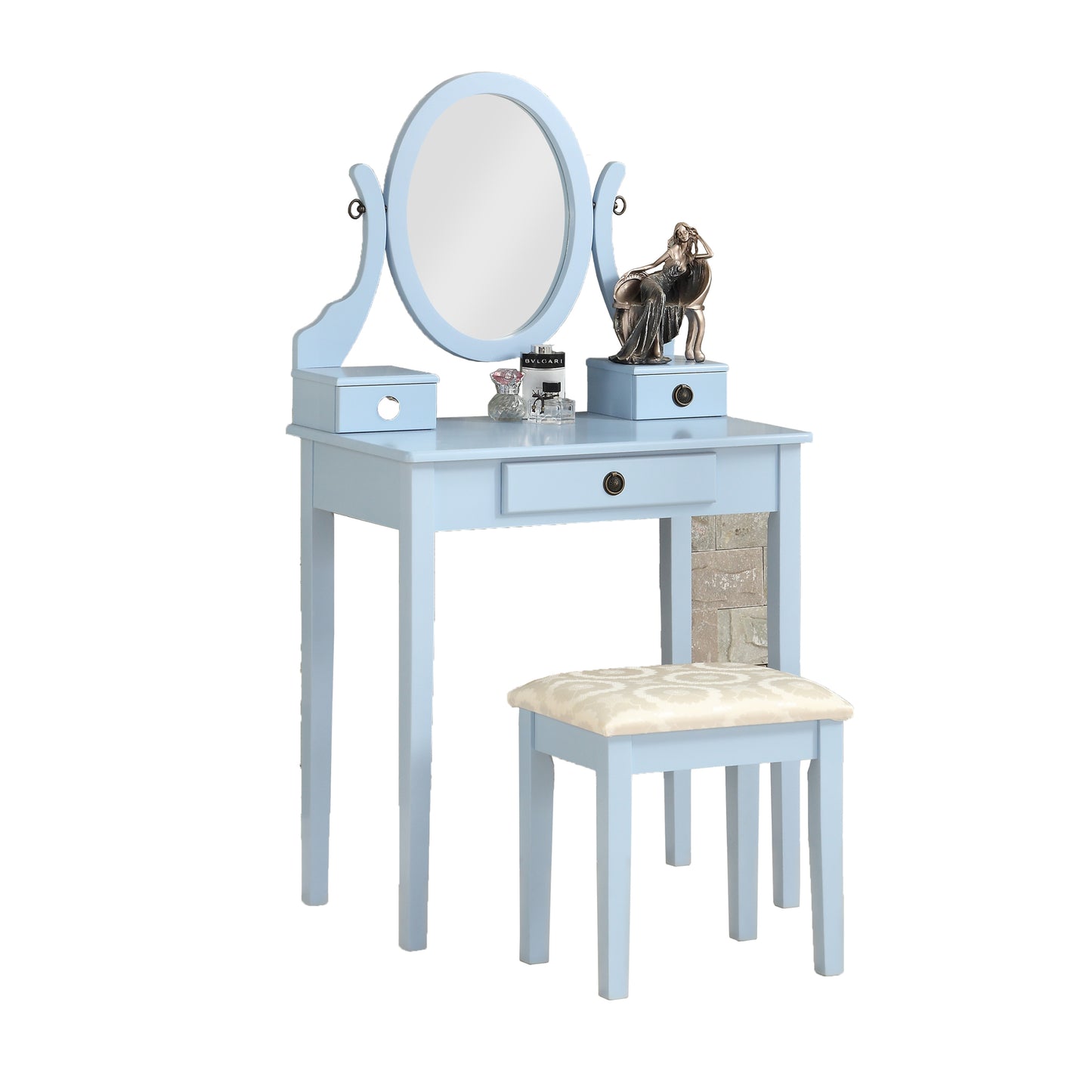 Wood Makeup Vanity Table and Stool Set for Bedroom, Contemporary Style, Space-Saving Design Blue