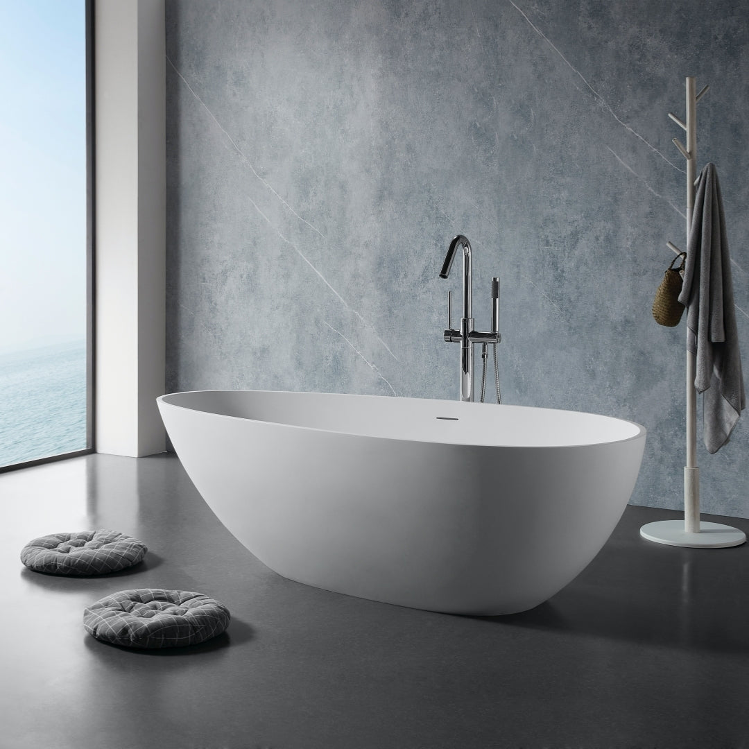 Luxury 67" Freestanding Matte White Bathtub, Solid Surface Soaking Tub with Overflow and Pop-up Drain for Modern Bathrooms